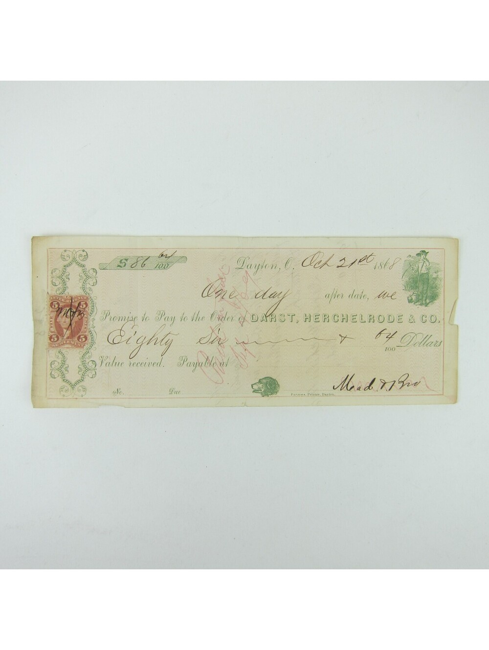 1868 Promissory Note & Revenue Stamp Darst Herchelrode & Co Dayton Ohio Antique